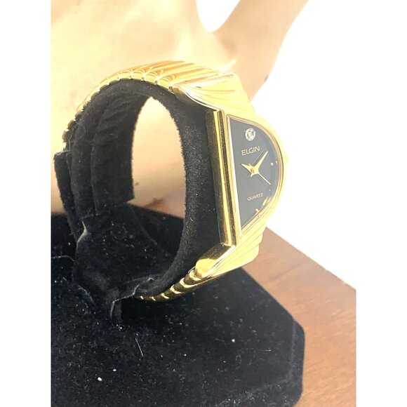 Elgin Women's Watch Vintage Half Moon Diamond Quartz Black Dial Gold Steel - Picture 14 of 14